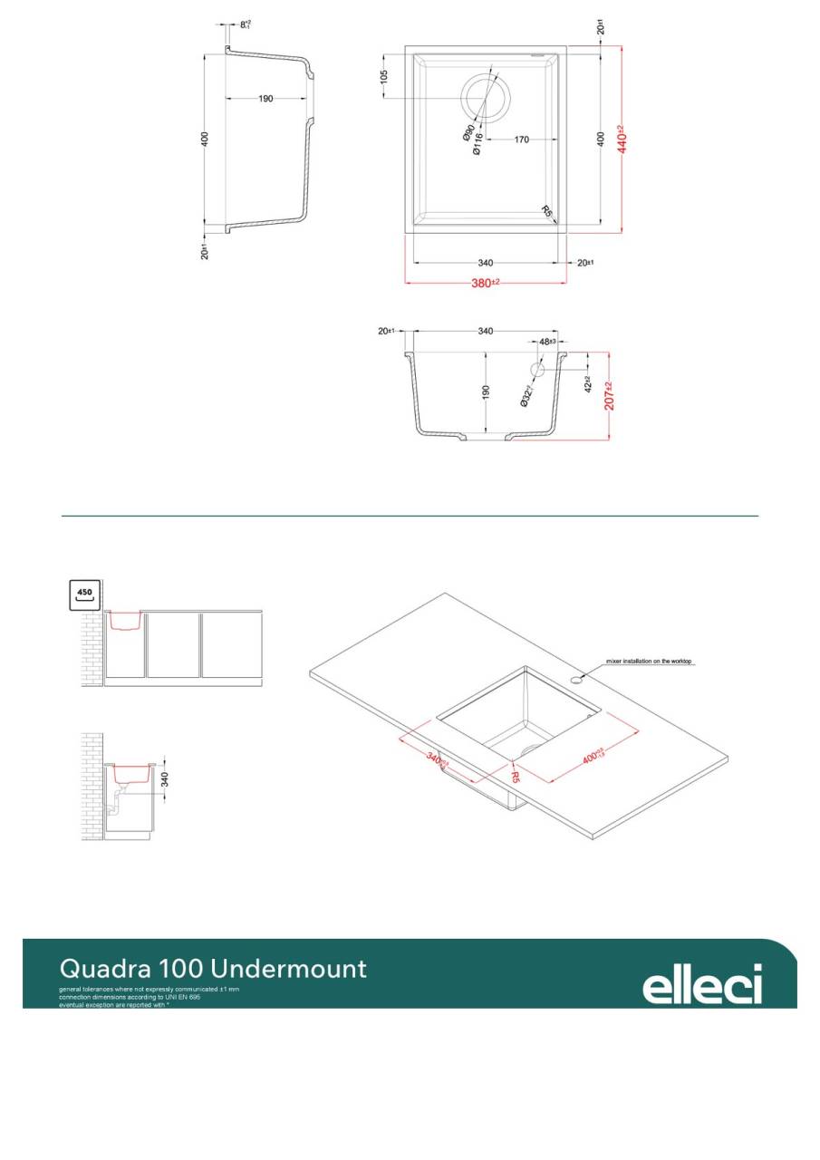 elleci quadra 100 g40 munkalap alá szerelhető mosogatótálca 23781